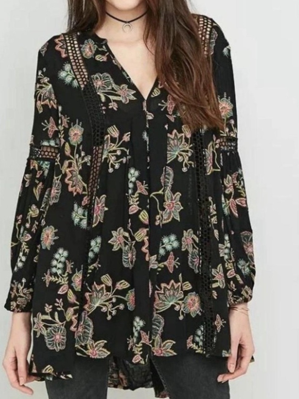 Free People Black Floral V-Neck Boho Blouse